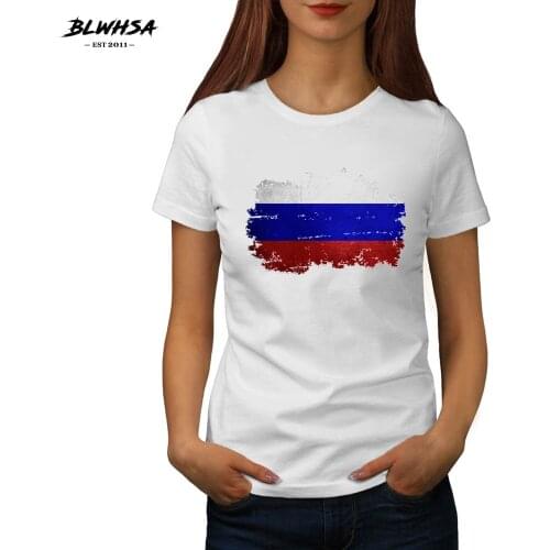 BLWHSA New Fashion O-neck Women T-Shirts White Cotton Russian National Flag Printed Nostalgic Style Casual Short Sleeve Top Tees