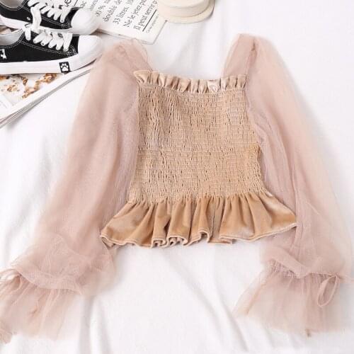 2020 summer new lace women blouse puff sleeved mesh velvet patchwork short ruffles solid sexy female pulls outwear tops