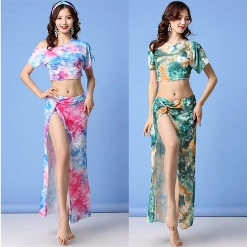Belly Dance Costume Set Adult Tie Dye Dancing Outfits One Shoulder Top and Split Skirt Long 7Colors Performance Stage Dancewear