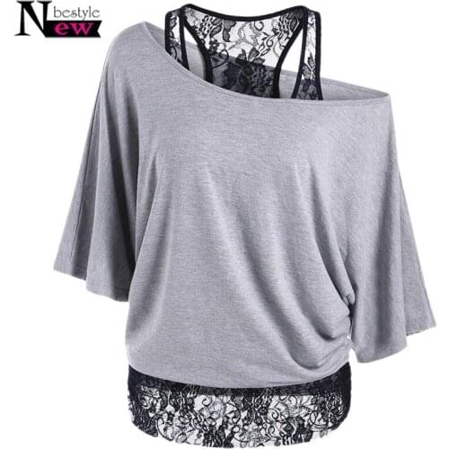 2019 Womens T Shirts Summer 2pcs Sets Loose Lace Cotton Skew Collar T-shirt Off Shoulder Bat Sleeve Tops Blusas Plus Size 5XL