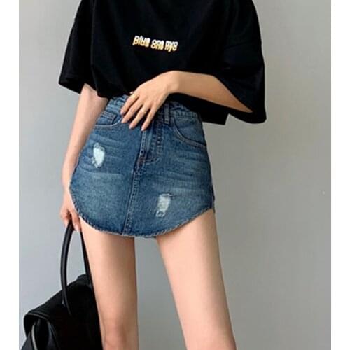 Harajuku Aesthetic Bodycon Inner Short Jeans Women High Waist Tight Denim Skirt Sexy Street Ripped Irregular Clothing Hotpants