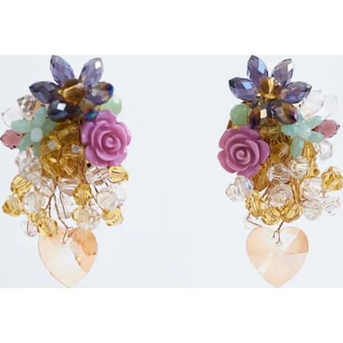 ZA Earrings Boho Ethnic Handmade Crystal Beaded Flower Drop Earrings For Women Statement Bling Big Heart Dangle Earring Jewelry