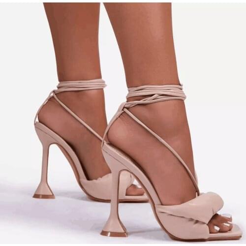 Summer Woman Shoes Sandals Basic Pu Fashion Cross-tied Spike Heels Lace-Up Party Pumps size 35- 42 Black White Apricot