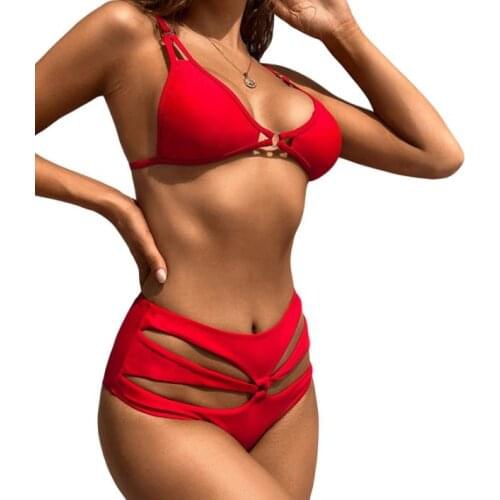 2 Pieces Bathing Suit Set Female Solid Color Bikini Tops+ Hollow Out Panties for Summer Red/Black S/M/L