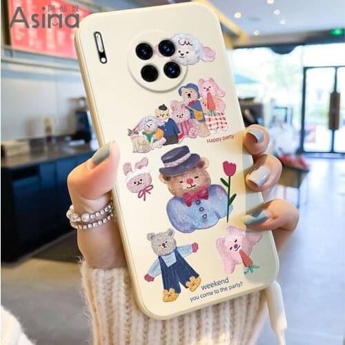 ASINA Liquid Silicone Case For Huawei Mate 40 30 20 Pro Straight Edge Cute Cover Bumper For Huawei Honor 20 30 8x 9x Bear Capa