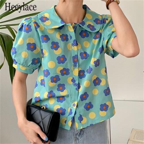 2021 Preppy Style Blouses Streetwear Girl Florals Students Tops Femme Slim Sweet Loose Gentle Summer Women Casual Shirts