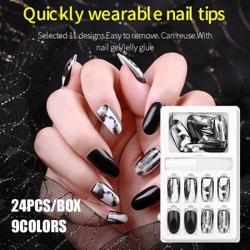 24 Pcs Fake Nails Reusable Stick On Nails Press On Full Cover False Nail Tips Rose Gold Champagne DIY Design Decoration