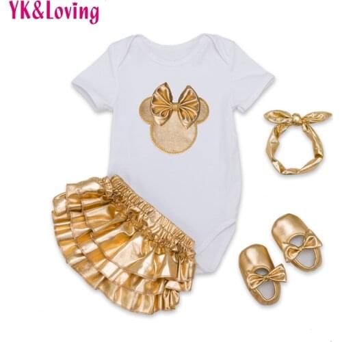 Infant Brand Baby Clothing Sets Cotton Baby Girl Short Sleeve 4Pcs Bodysuit+Gold Ruffles Bloomers+Headband+Shoes Newborn