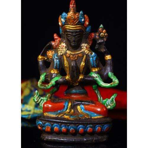 5.3" Tibetan Buddhist old copper hand-engraved and painted four-walled Guanyin Buddha statue town house to ward off evil spirits