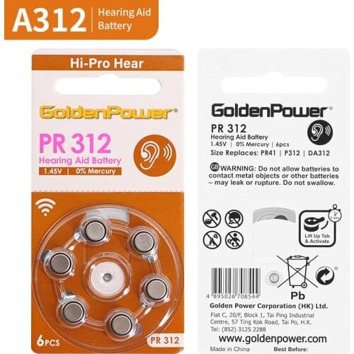 6 Pcs Hearing Aid Batteries A312 Size 312 Battery Hearing Aid Accessories Professional PR312 Battery for BTE ITE Hearing Aids