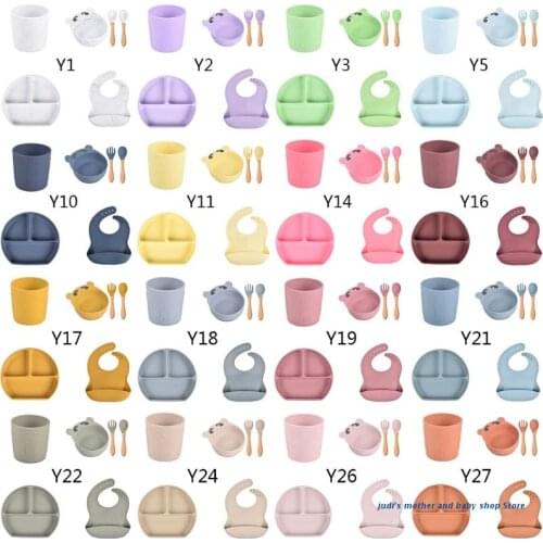 67JC 6 Pcs Baby Silicone Bib Divided Dinner Plate Sucker Bowl Spoon Fork Cup Set Training Feeding Food Utensil Dishes