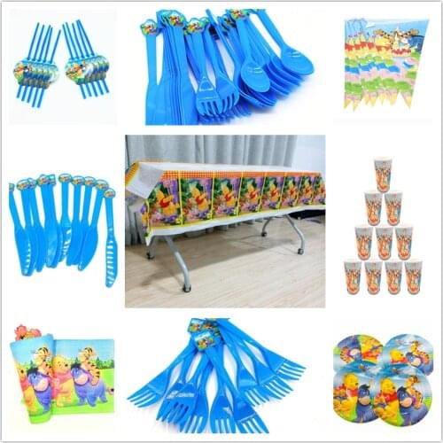 82Pc/set Winnie Bear Kids Party Supplies Disposable Tableware Tablecloth Banner Plates Cups Napinks Birthday Decorations