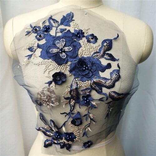 Dark Blue 3D Flowers Beads Rhinestones Appliques Embroidered Wedding Gown Decoration Mesh Fabric Sew On Patch For Dress DIY
