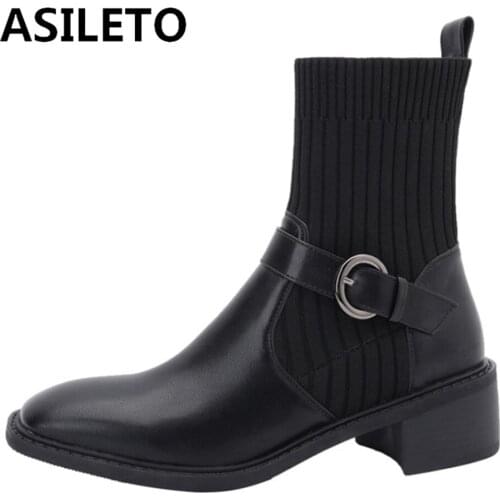 ASILETO 2021 New Designer Brand Ankle Boots for Women Sock Bootie Slip On Round Toe Square Low Heel Buckle Black Brown S2424