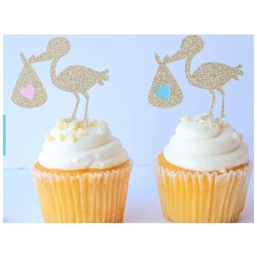 Glitter storks Party Treat Picks / Cupcake Toppers Baby Shower/Gender Reveal cupcake decor toppers
