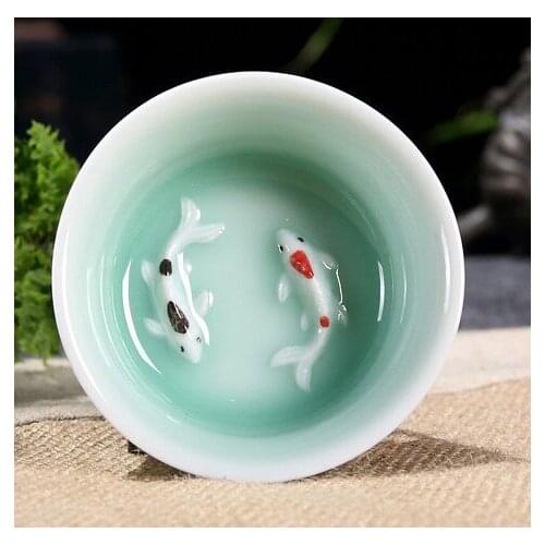 Celadon cups, Porcelain kung fu teacup, double fishes Pu'er ,black,oolong, green tea cup