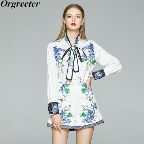 Design Fashion Two piece set Womens Elegant Long Sleeve Bow collar Blue Flower Print Blouse +Shorts Suits Vintage Sets Vestidos