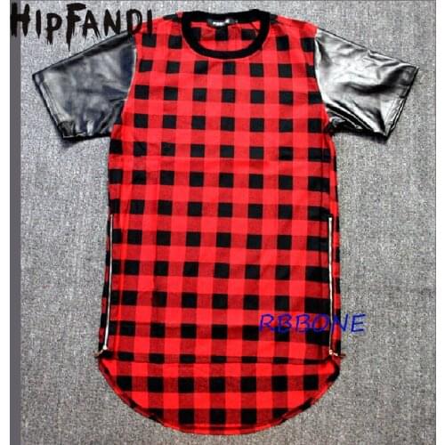HIPFANDI Mens Red With Black Plaid T-shirt Men/Women Hip Hop Swag Extended Lengthen Leather T-shirt Oversize Men T-shirt