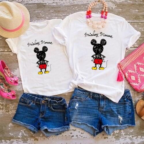 Disney Tees Women T Shirt Minnie Mouse Print T-shirt Casual White Short Sleeve Baby Girls Tops Summer Brand Family Matching Sets