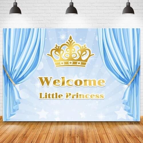 Blue Curtain Gold Crown Backdrops For Birthday Party Photography Custom Banner Background For Newborn Baby Shower Girl Photocall