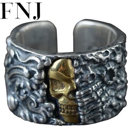 FNJ Skull Ring 990 Silver Jewelry New Fashion Punk S990 Sterling Silver Rings for Men Adjustable Size bague