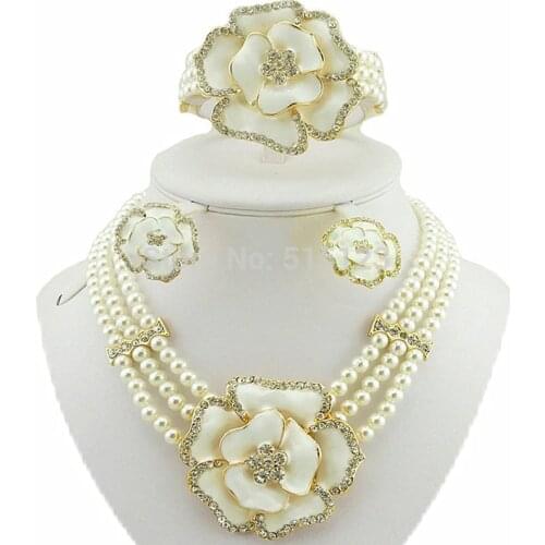 Rose Flower Jewelry Sets African Women Wedding Bride Bead Necklace Gold Bracelet Earrings Ring