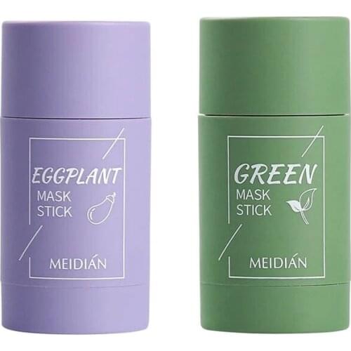 2pcs Green Tea Cleaning Solid Mask Eggplant Purifying Clay Stick Mask Oil Control Anti-Acne Mud Cream Beauty Facial Skin Care
