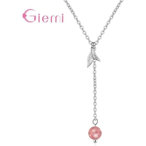 Cute 925 Sterling Silver Fish Whale Tail Mermaid Pendant Necklace Pink Strawberry Crystal For Women Gift Fashion Jewelry
