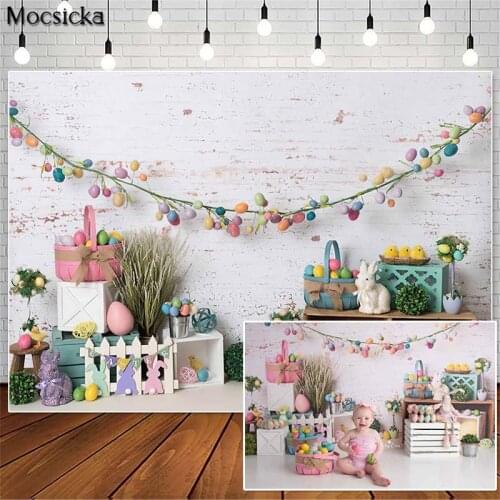 Mocsicka White Brick Wall Spring Easter Photography Backdrops Eggs Bunny Decor Cake Smash Photo Props Studio Booth Background