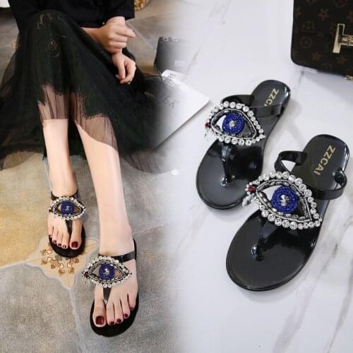 Fashion Women Flip Flop Bohemian Style Beautiful Eye Pattern Rhinestone Pearl Flat Slippers (Size 36-41)