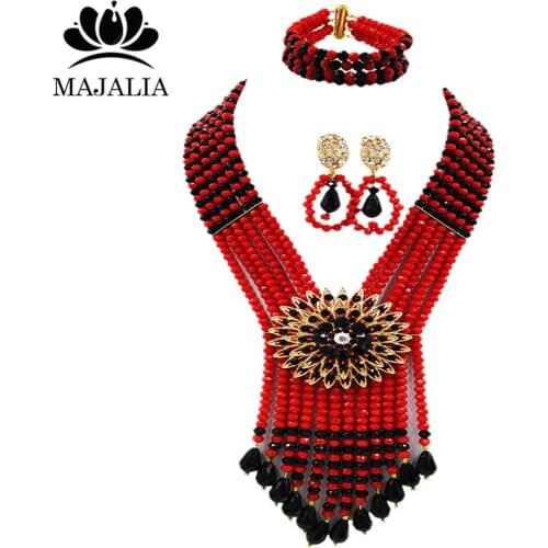 Majalia Fashion Nigerian Wedding African Beads Jewelry Set Black and Red Beads Necklace Bracelet Earrings Jewelry Sets AU031