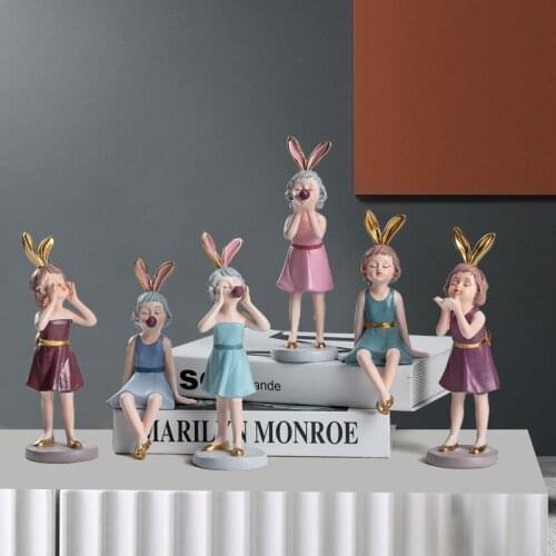 Nodic Ins Creative Resin Sculpture Cute Bubble Gum Girl Abstract Crafts Desktop Ornaments Modern Home Decor Children Room Statue