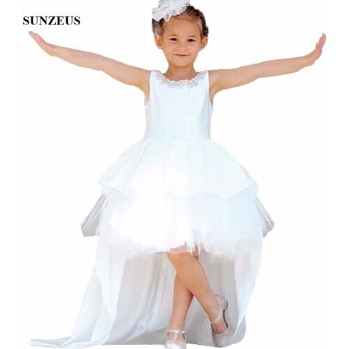 Crystal Beaded Neckline Flower Girl Dress Short Front Long Back Satin Wedding Party Gowns For Children Sexy Backless Gown FLG057