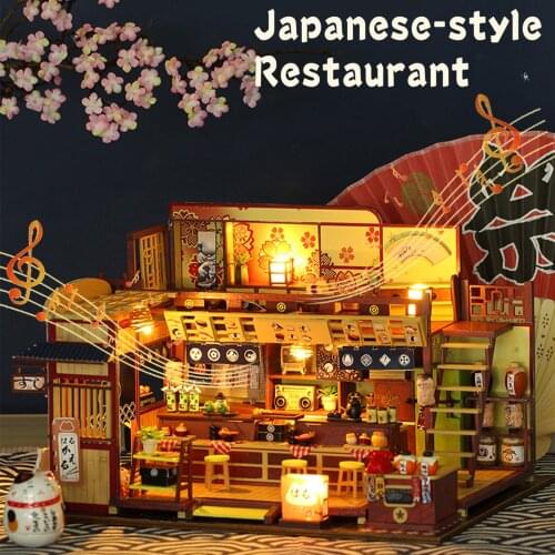 DIY Doll House Japanese Food Store Wooden Miniature Assemble Dollhouse Kt with Furniture with Light and Music Kids Gifts Toys