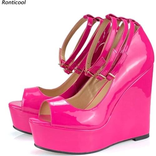 Ronticool Handmade Unisex Women Glossy Pumps Ankle Strap Wedges High Heel Peep Toe 13 Colors Party Shoes Women Plus Size 35-52