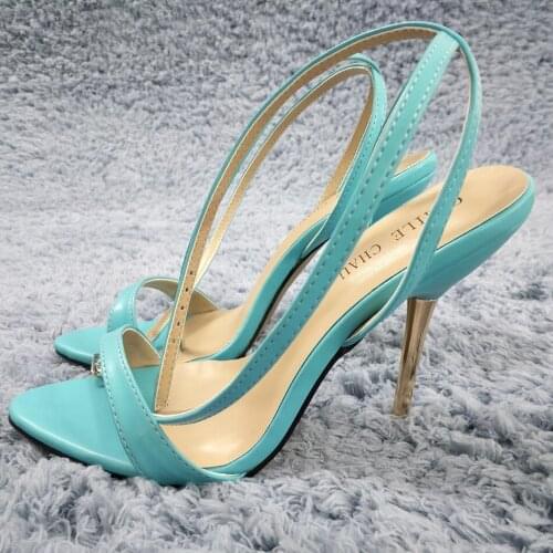 Sexy Sky Blue Leather High Heel Slimmer Popular Dress Party Women Sandal Summer New Open Toe Ankle Strap Stiletto 11cm Heel Shoe