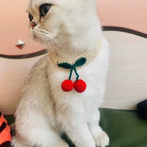 Handmade Knitting Cat Necklace Cherry Cute Kitty Necktie Pet Cat Dog Collar Neck Tie Cat Accessories