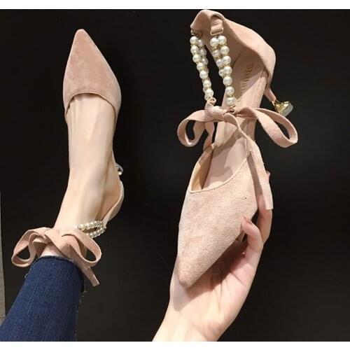 2020 Summer Shoes Women Sandals Cross-tied String Bead Ankle Strap Sandal Pointed Toe Pumps Pearl Dress Shoe zapatos mujer 8227L