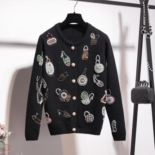 Autumn Casual Women Winter Luxury Beading Diamonds Black Sweater+ Full-Lenght Pants Runway Fashion Knitting Sets