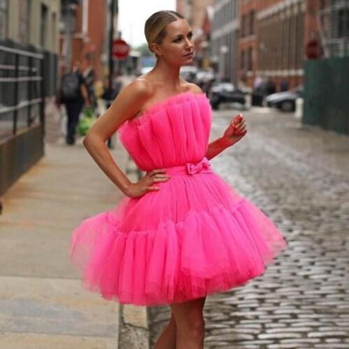 Fashion Elegant Mesh Party Dress Women Rose Pink Off Shoulder Strapless Dress High Quality Sexy Sleeveless Above Mini Dress