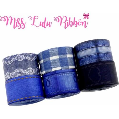 1-1/2"38mm Jeans Series Printed Grosgrain Ribbon Denim Like Lace Pattern Party Decor Making 10yards/roll Hair Band