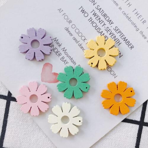 Wooden Flower Shape Eardrop Color Pendant Accessories Necklace Charms Jewelry Finding Diy Material 10pcs