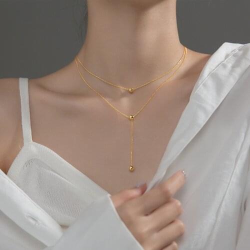 100% real 925 Sterling Silver Fine Jewelry Double Rows Multilayered "Y" Necklace Tassel Lucky Ball Pendant C-D5938