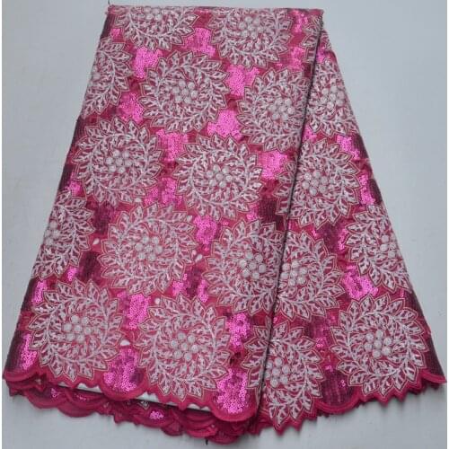 5yards/pc) high quality African handcut lace fabric fushia pink organza lace fabric with sequins embroidery for party OP15