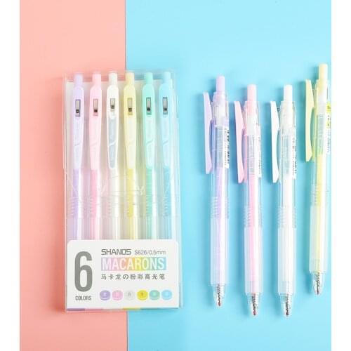 6 Colors Macaron Color System Pastel Highlight Pen The Office Stationery Kawaii Colorful Push-type Ballpoint Pen School Supplies