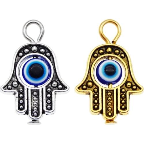 Julie Wang 8PCS Small Fatima Hand Charms Evil Eye Hamsa Hand Pendant Bracelet Alloy Jewelry Making Accessory