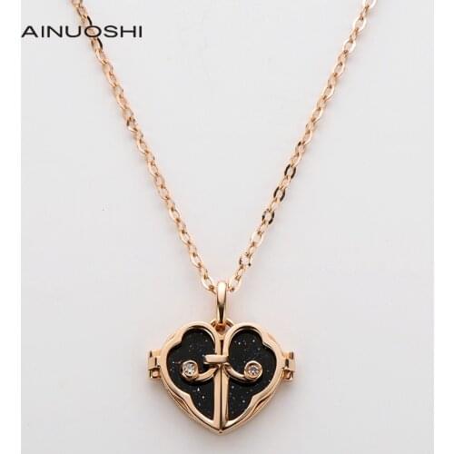 AINUOSHI 18K Rose Gold Real 0.008ct Diamond Agate / Mother-Of-Pearl That Opens The Heart Pendant Necklace Women Fine Jewelry 18"