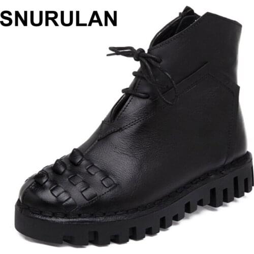 SNURULAN women boots Retro Boots Handmade Ankle Boots Flat Boots Real Genuine Leather Shoes Botines Mujer Women Shoes
