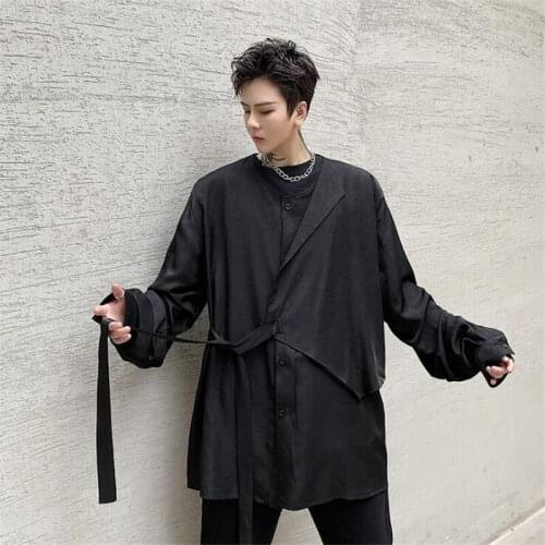 Black Bandage Patchwork Men Shirt Casual Oversized Blusas Hrajuku Punk Hip Hop Vintage Shirts Chemise Homme