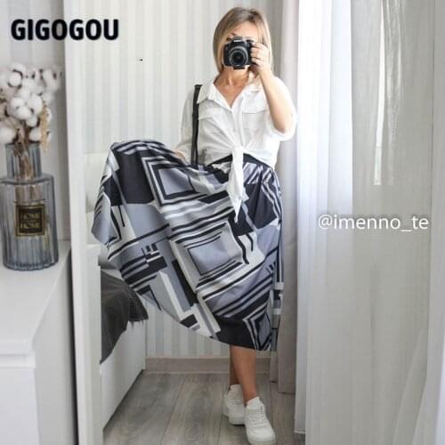 GIGOGOU 2021 print Women Skirt Midi CHIC High Waist Split Pleated Skirt Autumn Winter Long Knee Length Skirt